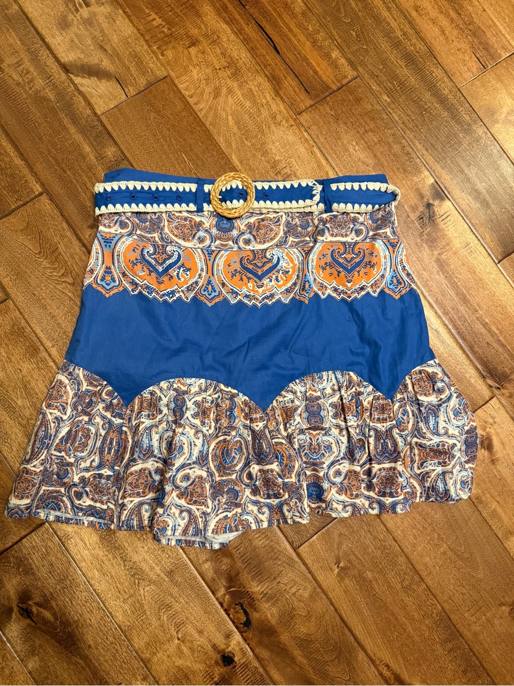 Anna Cate blue and orange Paisley Tiered Mini Skirt with Belt